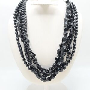 Vintage CAROLEE Statement Necklace Black Multi-Strand Facet Smooth Acrylic Beads